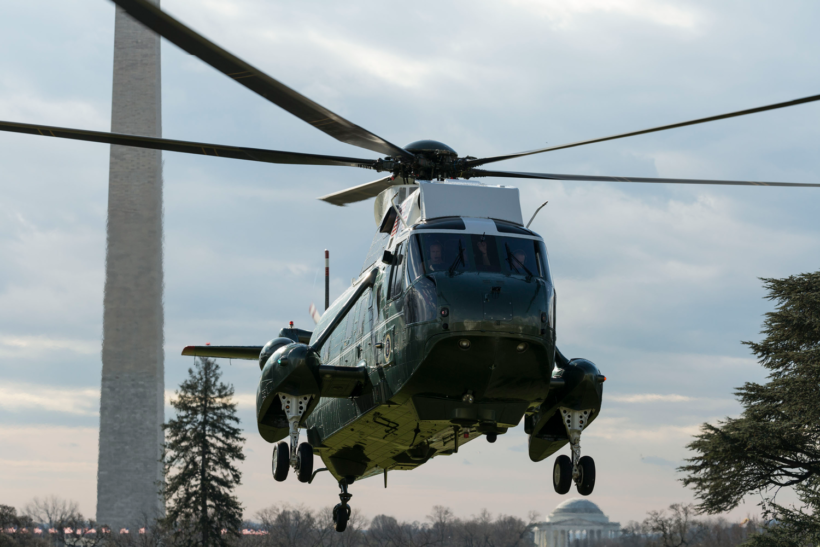 Marine One lands on the South Lawn of the White House.