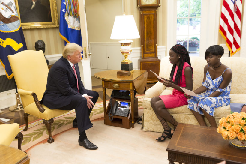 President Donald J. Trump and Presidential Assistant Ivanka Trump welcome Chibok schoolgirls Joy Bishara and Lydia Pogu, who along with more than 270 classmates were kidnapped by the Book Haram militants in April 2014, and recently released, visit the Oval Office at the White House,Tuesday, June 27, 2017, in Washington, D.C. (Official White House Photo by Claire Barnett)