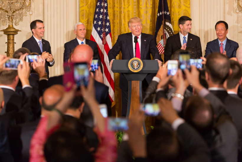 President Donald J. Trump and Vice President Mike Pence delivers remarks during the Jobs Announcement event with Foxconn Wednesday, July 26, 2017, in the East Room of the White House in Washington, D.C. (Official White House Photo by Shealah Craighead)
