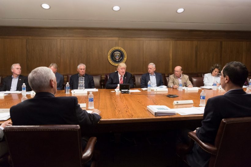 President Donald J. Trump, joined by Vice President Mike Pence and members of the Cabinet, participates in a Cabinet meeting, Saturday, September 9, 2017 in Laurel Lodge at Camp David near Thurmont, MD, discussing the projected track and potential impact of Hurricane Irma as it approaches the coast of Florida.