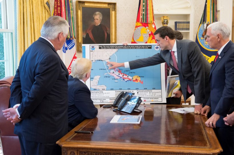 President Donald J. Trump participates in an Oval Office briefing tracking the approach of Hurricane Irma toward the coast of Florida, Thursday, September 7, 2017, at the White House in Washington, D.C., joined by U.S. Secretary of State Rex Tillerson, left; Homeland Security and Counterterrorism Adviser Thomas Bossert; Vice President Mike Pence and Deputy National Security Adviser Dina Powell (Official White House Photo by Andrea Hanks)