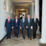 Vice President Mike Pence walks with Republican Congressional leaders along the West Wing Colonnade at the White House following a dinner in the Blue Room, Wednesday, April 11, 2018, in Washington, D.C.