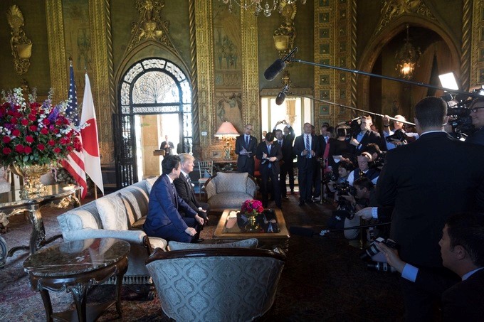 President Donald J. Trump and Japanese Prime Minister Shinzo Abe meet for their one on one meeting, Tuesday, April 17, 2018, at Mar-a-Lago in West Palm Beach, Florida.