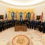 President Donald J. Trump, joined by Vice President Mike Pence, poses for a photo with senior military leaders, Monday evening, April 9, 2018, in the Oval Office at the White House in Washington, D.C.