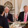 President Donald J. Trump, joined by Vice President Mike Pence, attends a working luncheon, Wednesday, April 18, 2018, addressing Japanese Prime Minister Shinzo Abe and his delegation in the gold and white room at Mar-a-Lago, in Palm Beach, Florida.