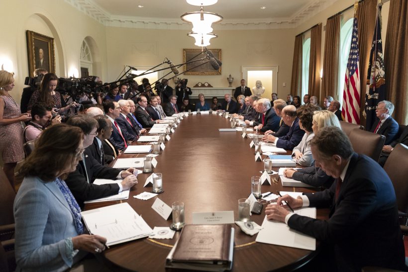 President Donald J. Trump, joined by Vice President Mike Pence, at a Cabinet meeting Thursday, August 16, 2018, in the Cabinet Room of the White House.