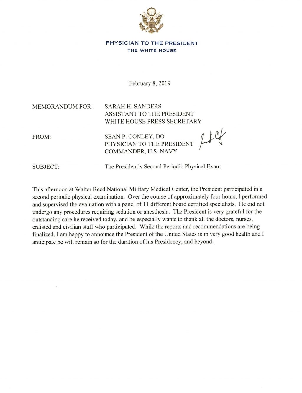 Memorandum from the Physician to the President – The White House